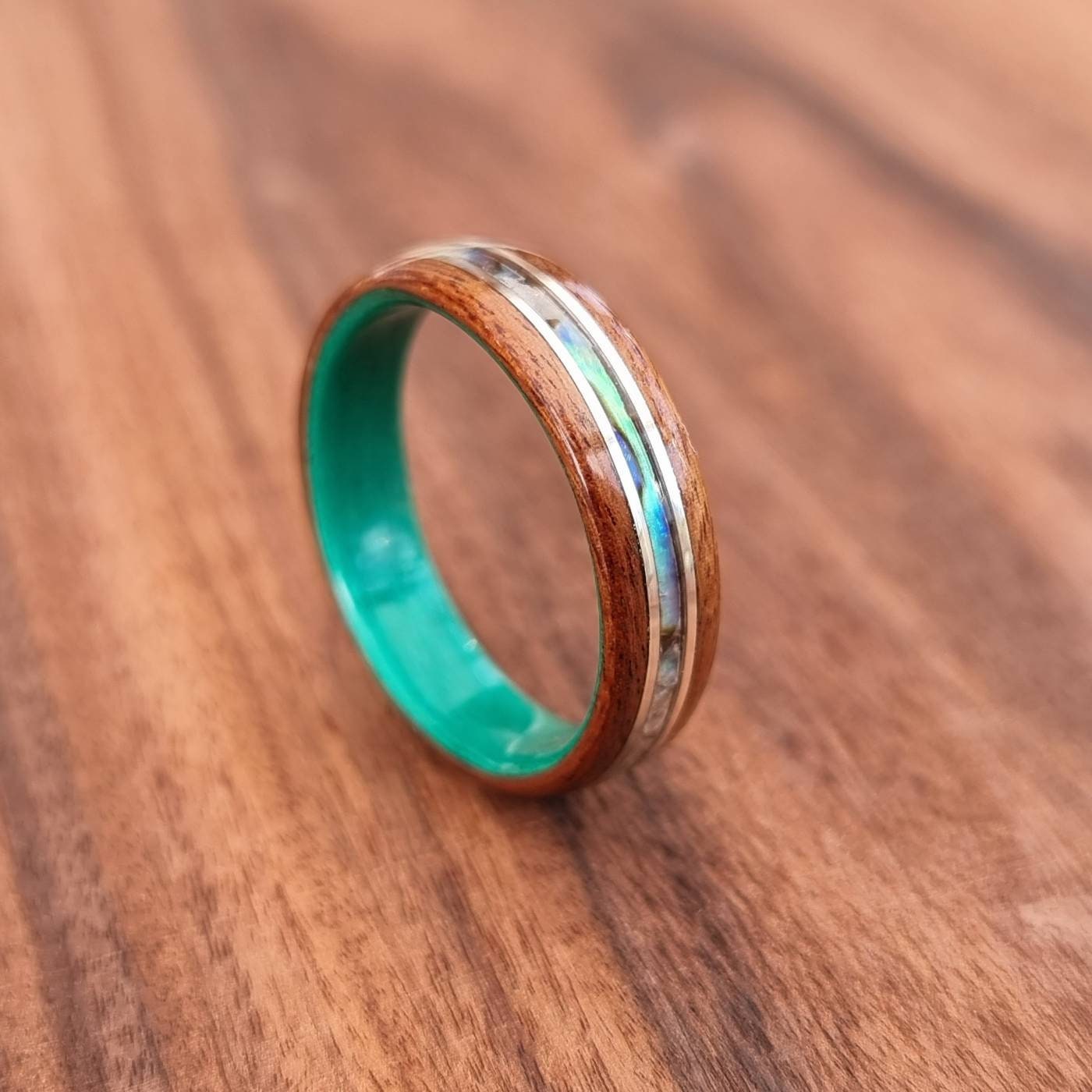Rosewood & green tulipwood with abalone paua shell and silver inlays hand made bent wood ring