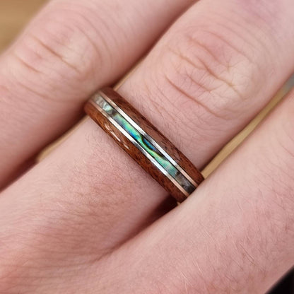 Rosewood & green tulipwood with abalone paua shell and silver inlays hand made bent wood ring