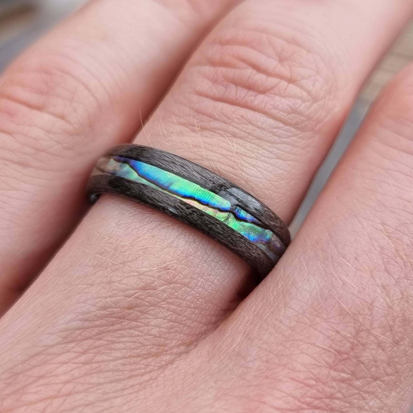 Silver birdseye maple and abalone paua shell hand made bent wood ring