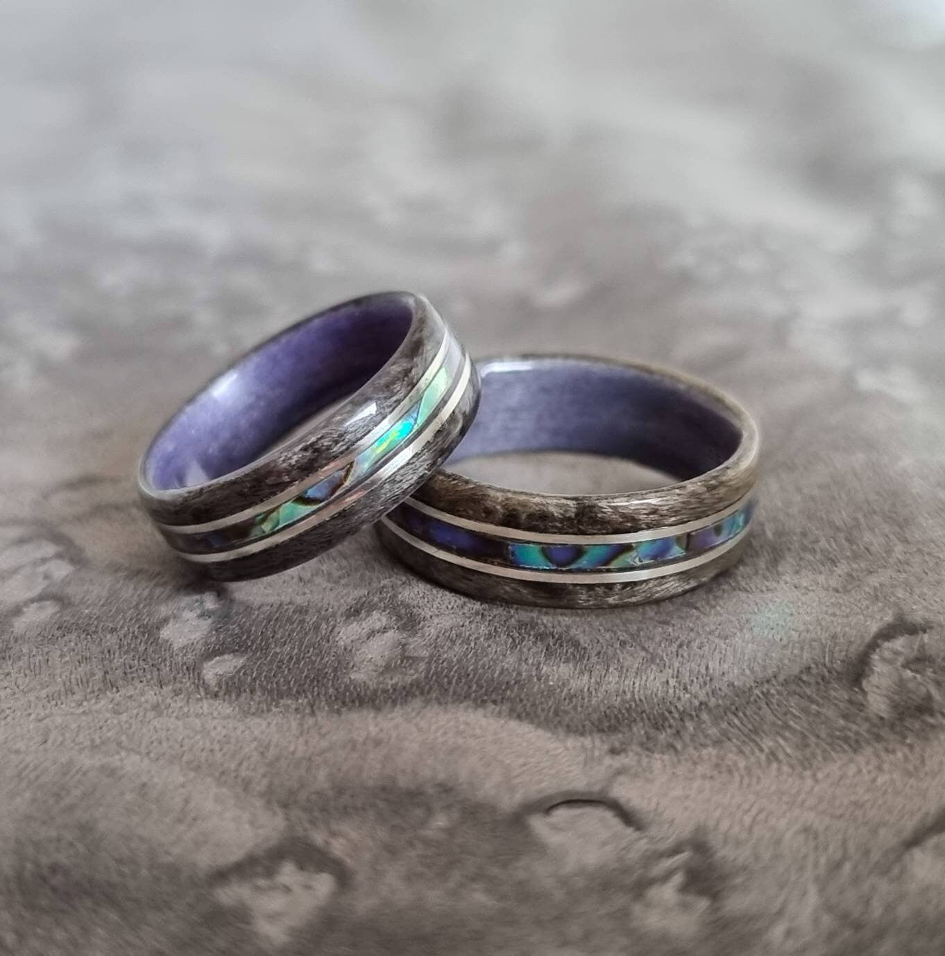 Silver birdseye maple & purple tulipwood with abalone shell and silver inlays ring - Hand made bent wood - Wooden wedding band - Engagement