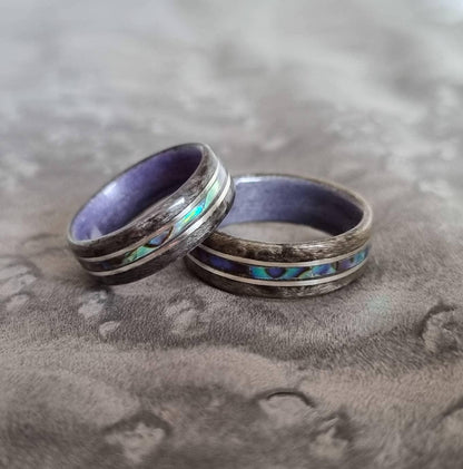 Silver birdseye maple & purple tulipwood with abalone shell and silver inlays hand made bent wood ring