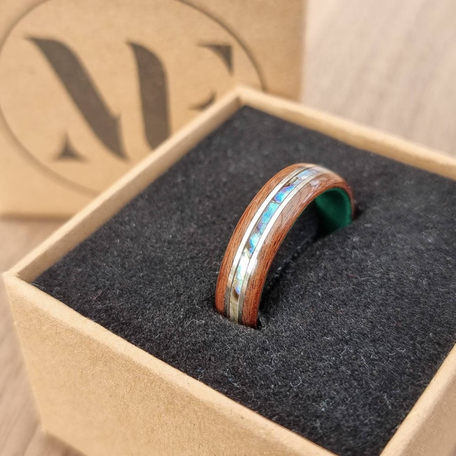 Rosewood & green tulipwood with abalone paua shell and silver inlays hand made bent wood ring