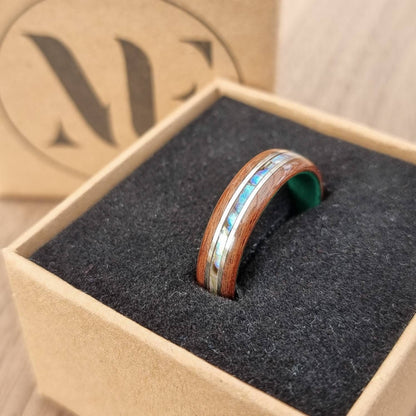 Rosewood & green tulipwood with abalone paua shell and silver inlays hand made bent wood ring