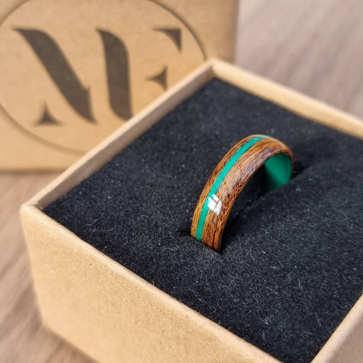 Rosewood with green tulipwood internal and inlay ring - Hand made bent wood ring - Wooden wedding band - Engagement ring
