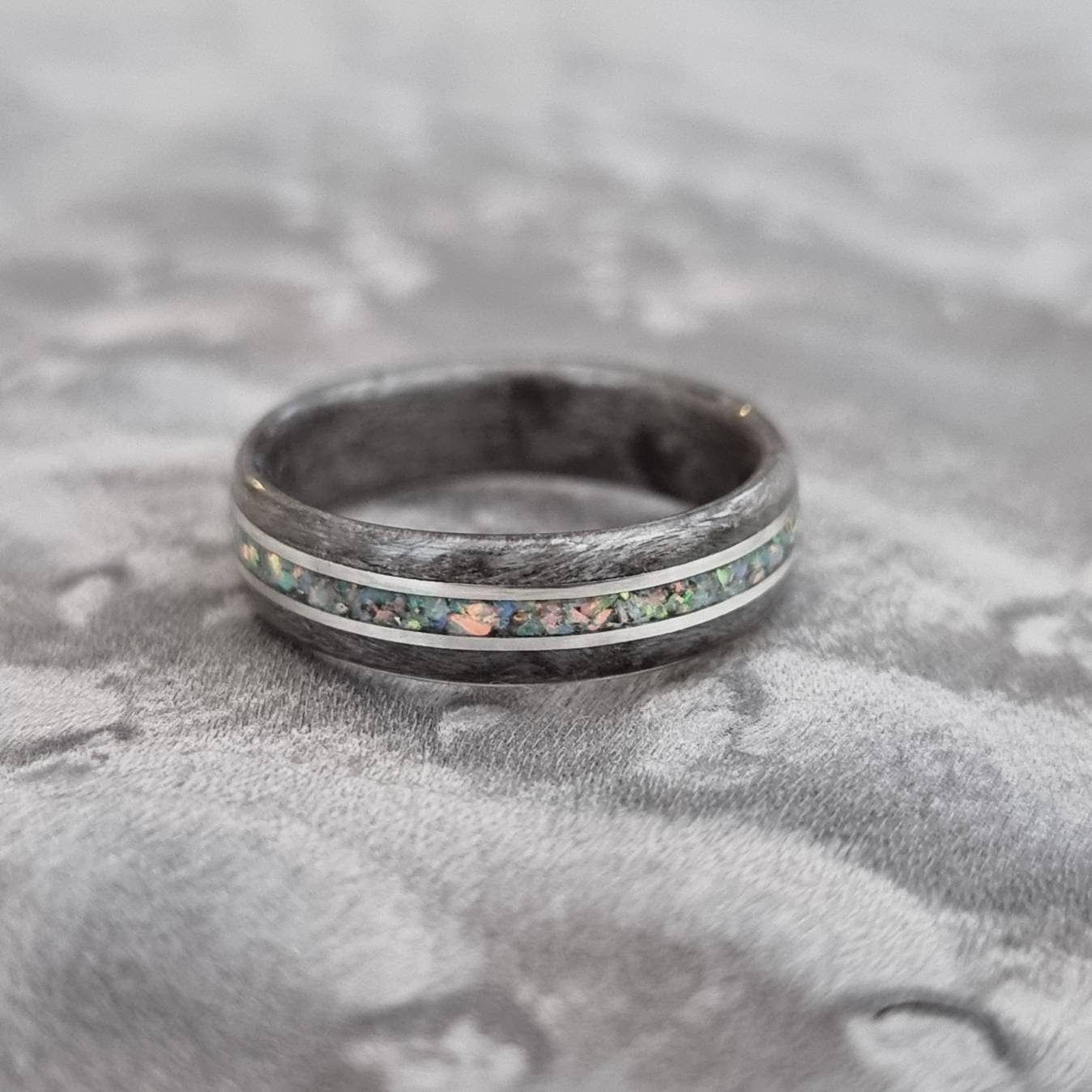 Silver birdseye maple with white opal and double silver inlays hand made bent wood ring