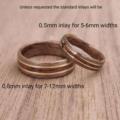 Custom wood & double metal inlay hand made bent wood ring