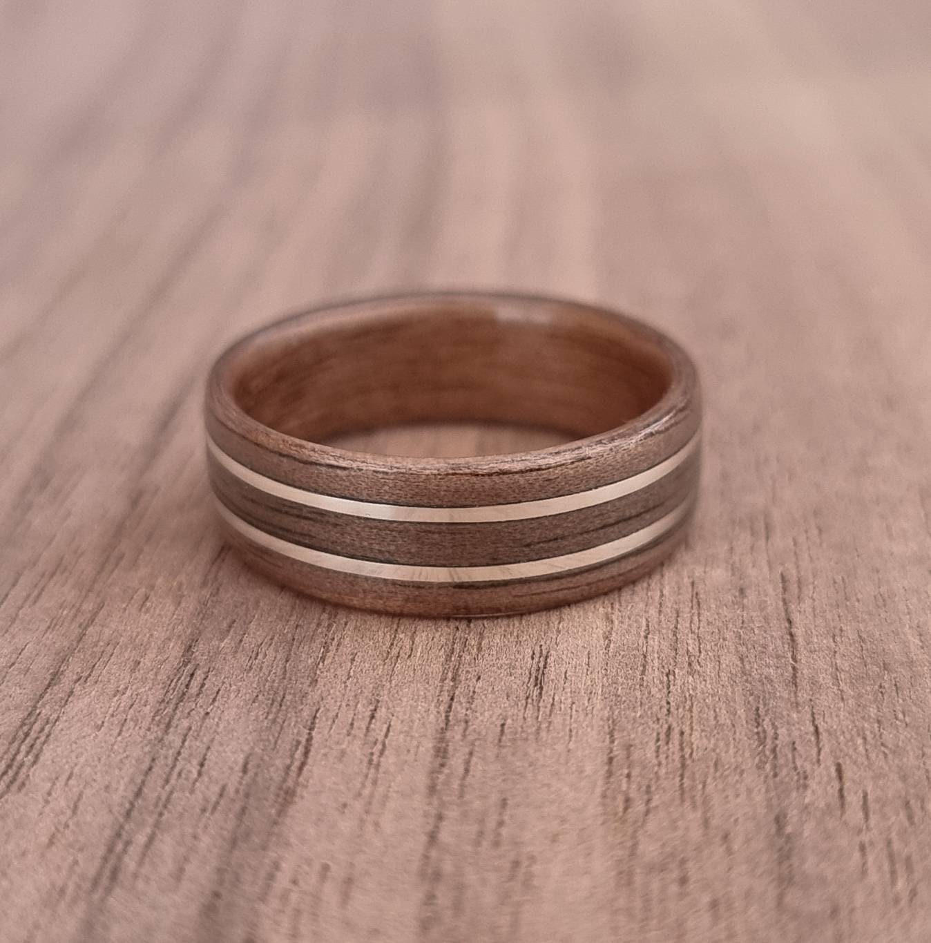 Walnut and double sterling silver hand made bent wood ring