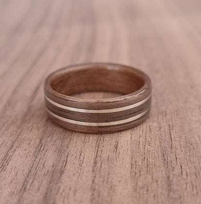 Walnut and double sterling silver hand made bent wood ring