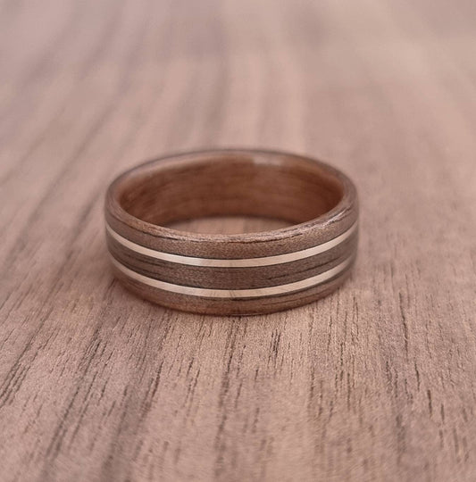 Walnut and double sterling silver hand made bent wood ring