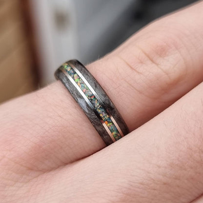 Silver birdseye maple with white opal and double silver inlays hand made bent wood ring