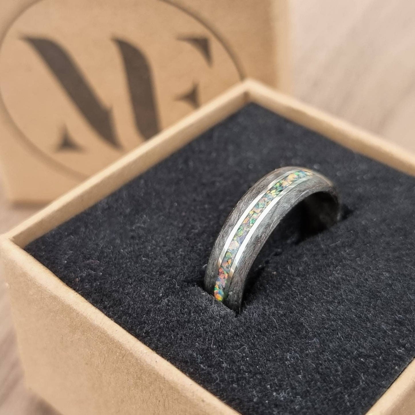 Silver birdseye maple with white opal and double silver inlays hand made bent wood ring