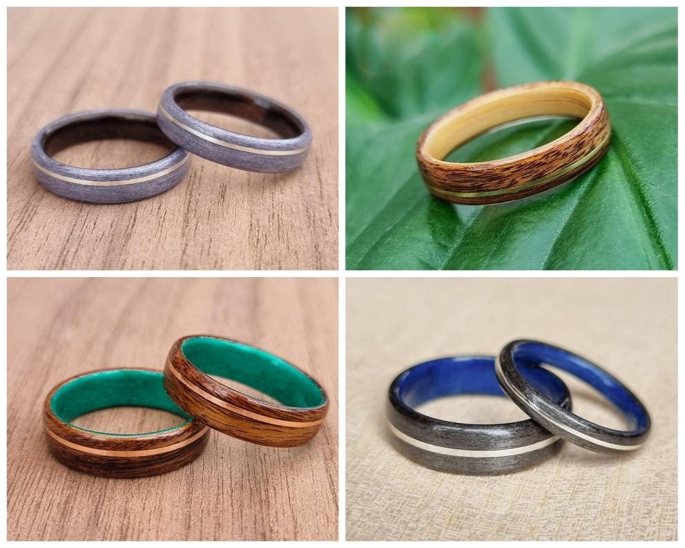 Custom duel wood & metal inlay hand made bent wood ring
