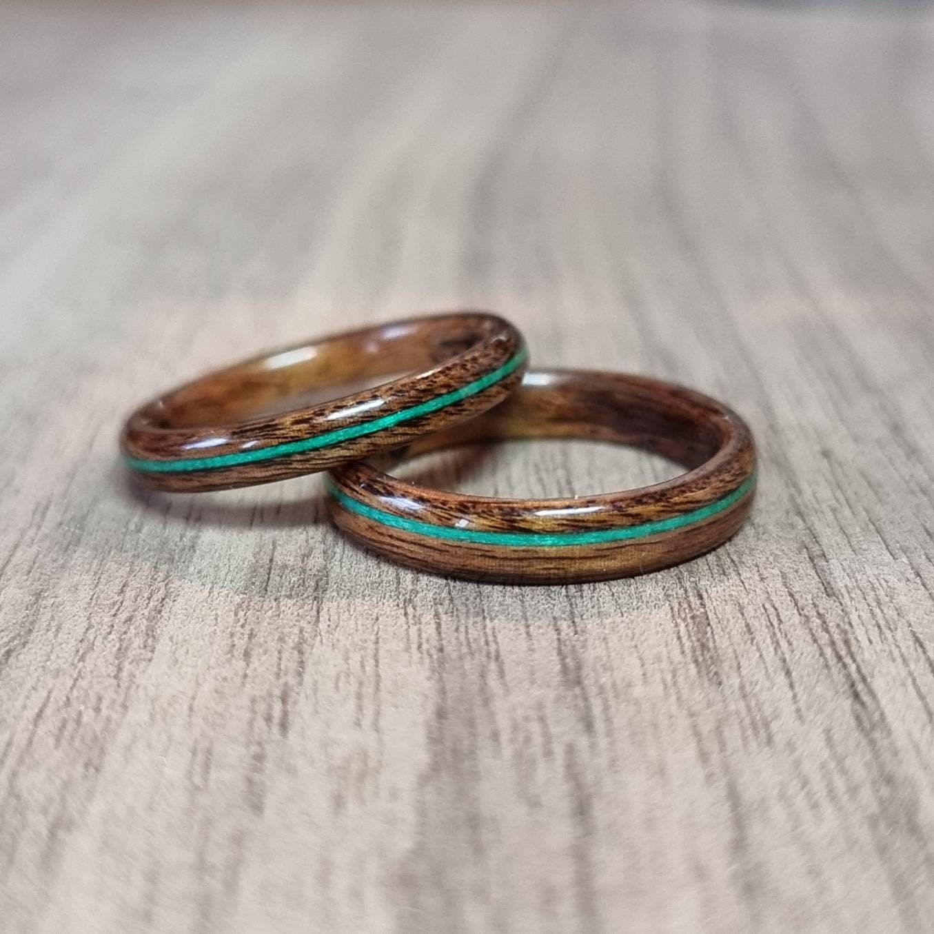 Rosewood and green tulipwood hand made bent wood ring