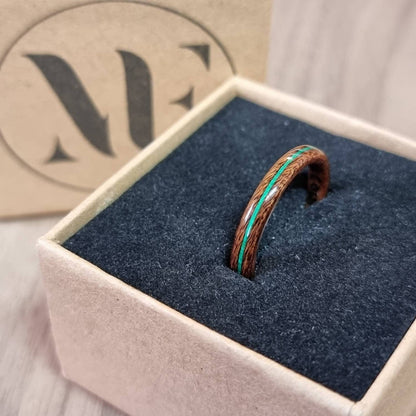Rosewood and green tulipwood hand made bent wood ring