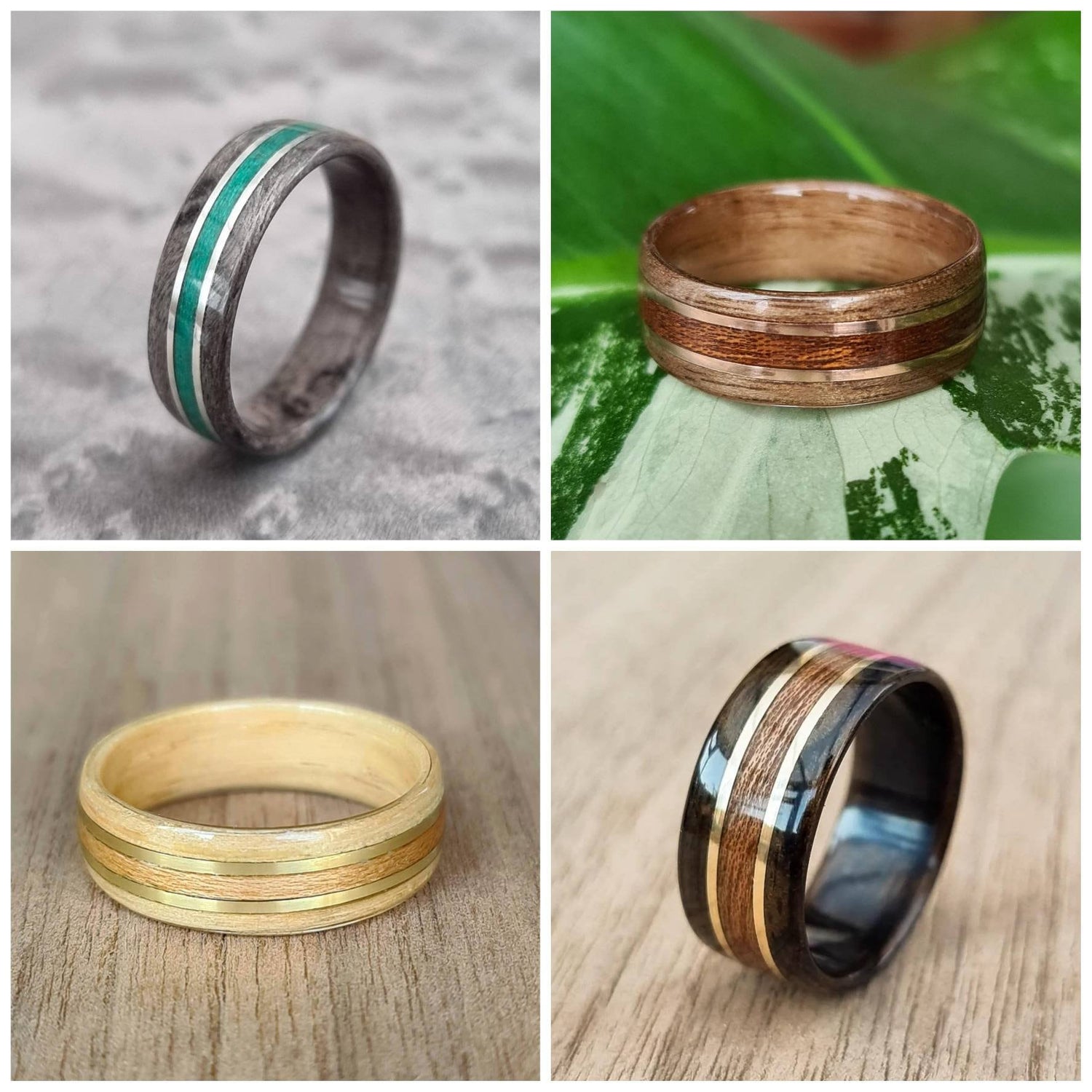 Custom wood with metal and wood inlay hand made bent wood ring