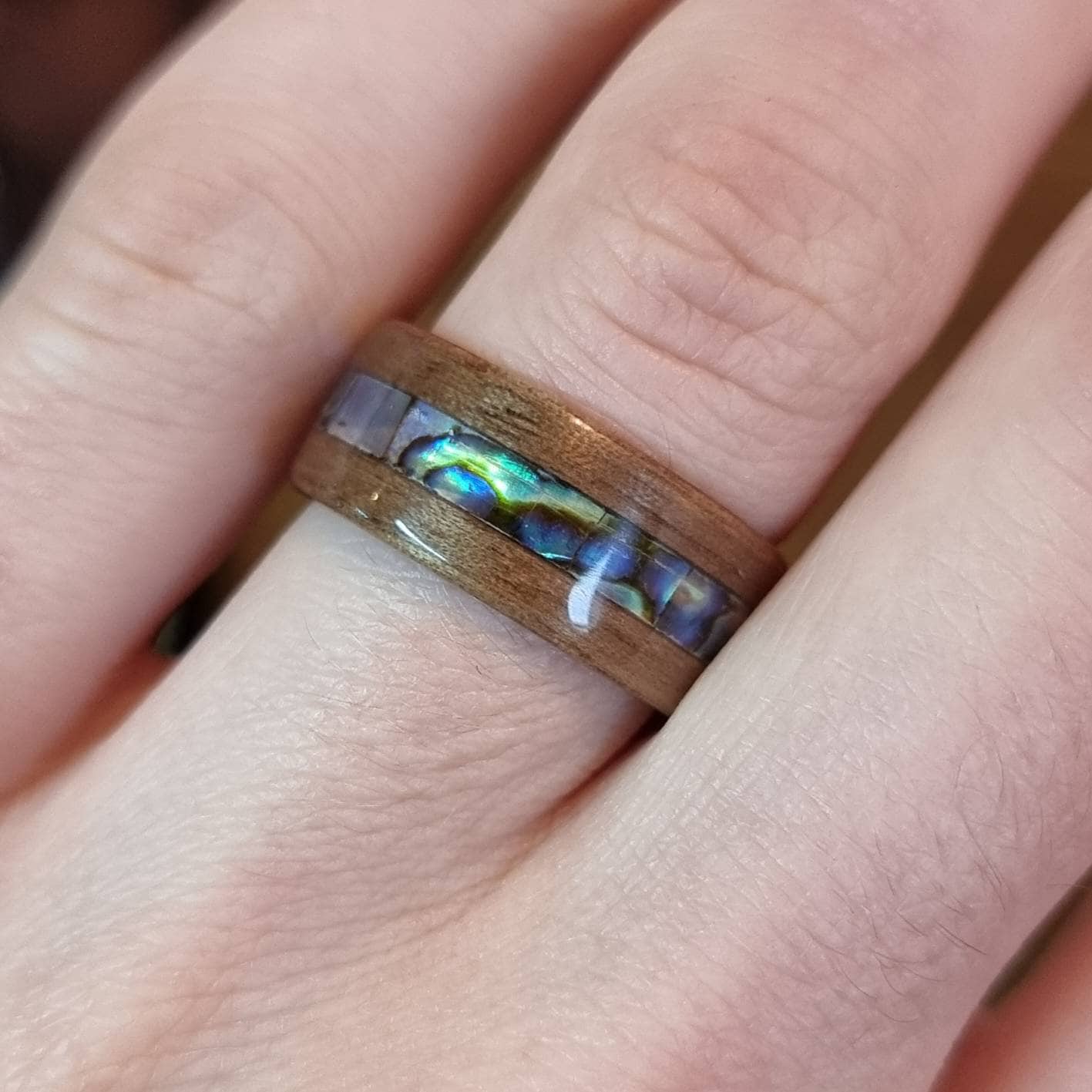 Walnut and abalone paua shell hand made bent wood ring