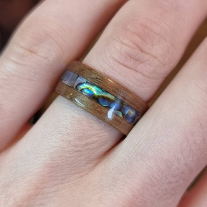 Walnut and abalone paua shell hand made bent wood ring