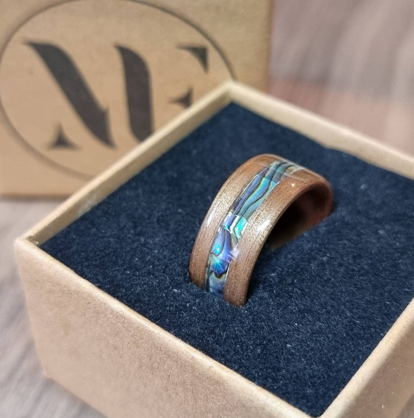 Walnut and abalone paua shell hand made bent wood ring