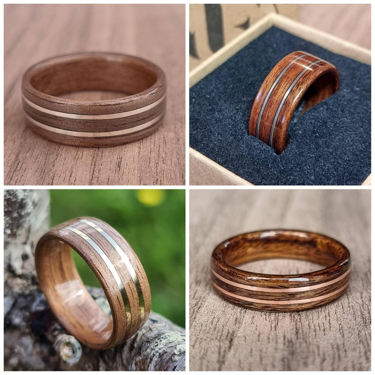 Custom wood & double metal inlay hand made bent wood ring