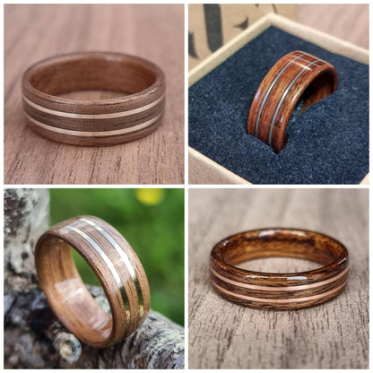 Custom wood & double metal inlay hand made bent wood ring