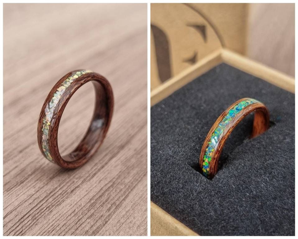 Custom wood & crushed opal ring - Bespoke Hand made bent wood ring - Wooden wedding band - Alternative Engagement ring - Natural jewellery
