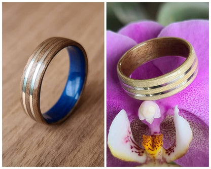 Custom duel wood & metal inlay hand made bent wood ring