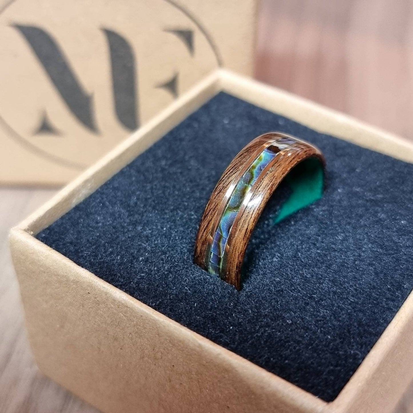Rosewood & green tulipwood with abalone paua shell and brass inlays ring - Bespoke hand made wood - Custom wooden wedding engagement band