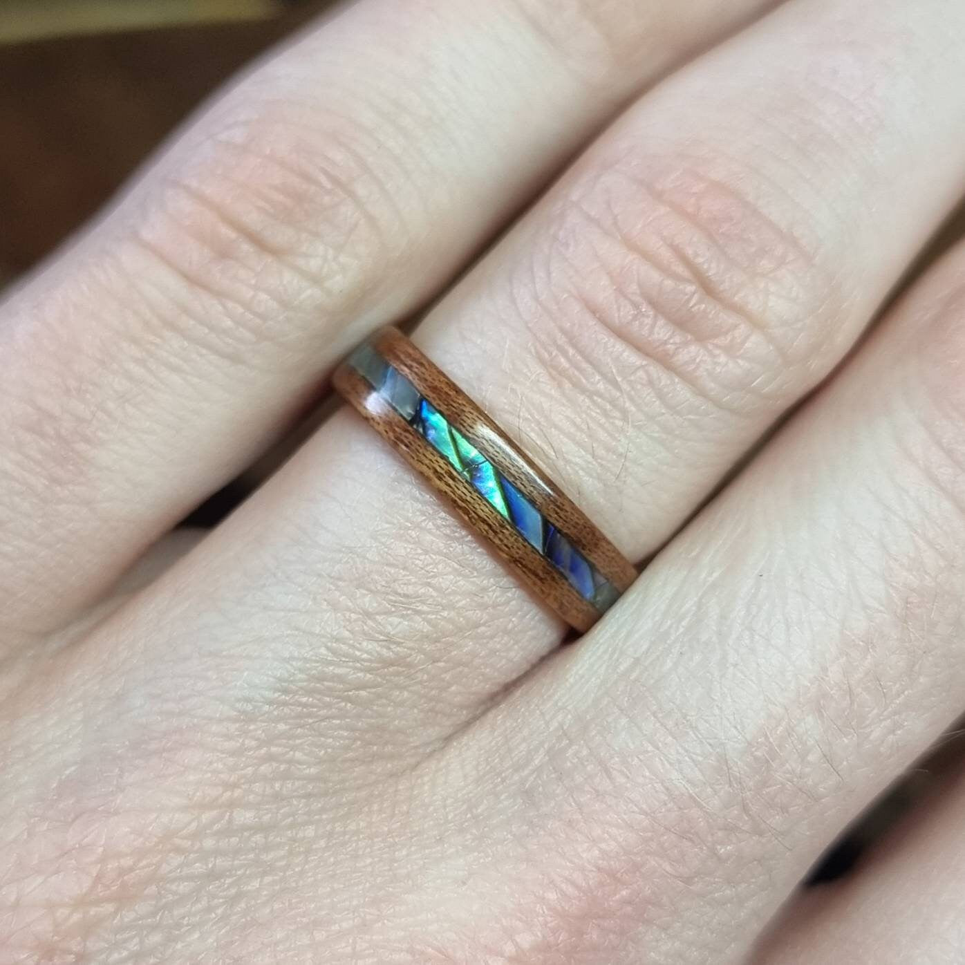 Sapele and abalone paua shell hand made bent wood ring