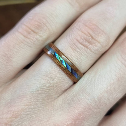 Sapele and abalone paua shell hand made bent wood ring