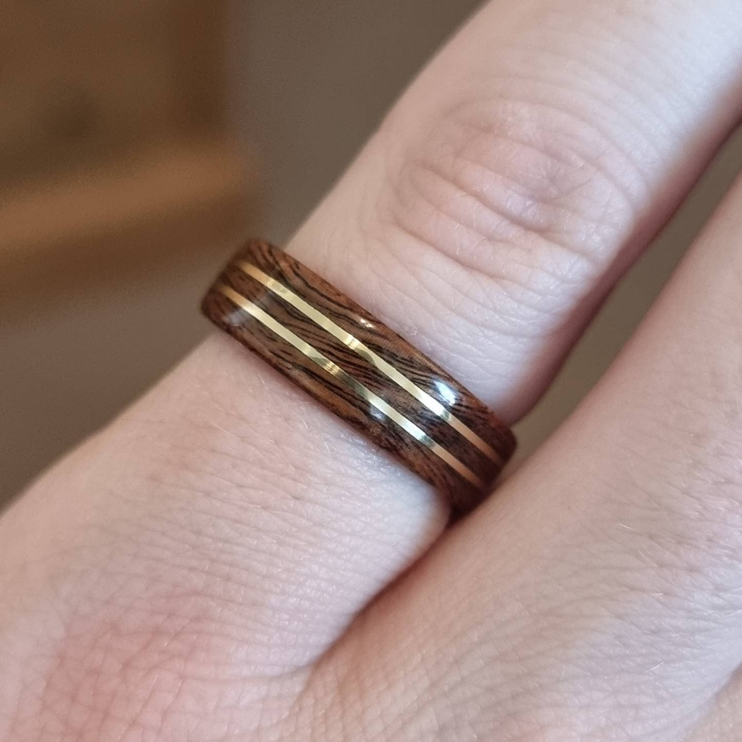 Rosewood and double brass ring - Hand made bent wood ring - Wooden wedding band - Engagement ring - Natural jewellery