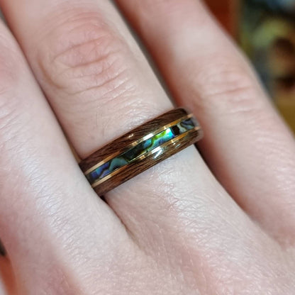 Rosewood & green tulipwood with abalone paua shell and brass inlays hand made bent wood ring