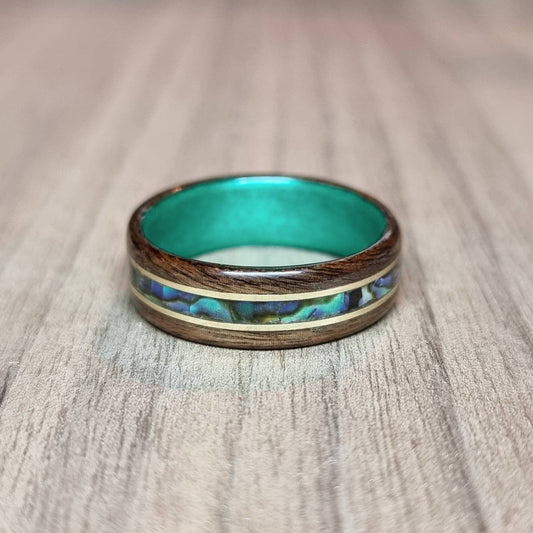 Rosewood & green tulipwood with abalone paua shell and brass inlays hand made bent wood ring
