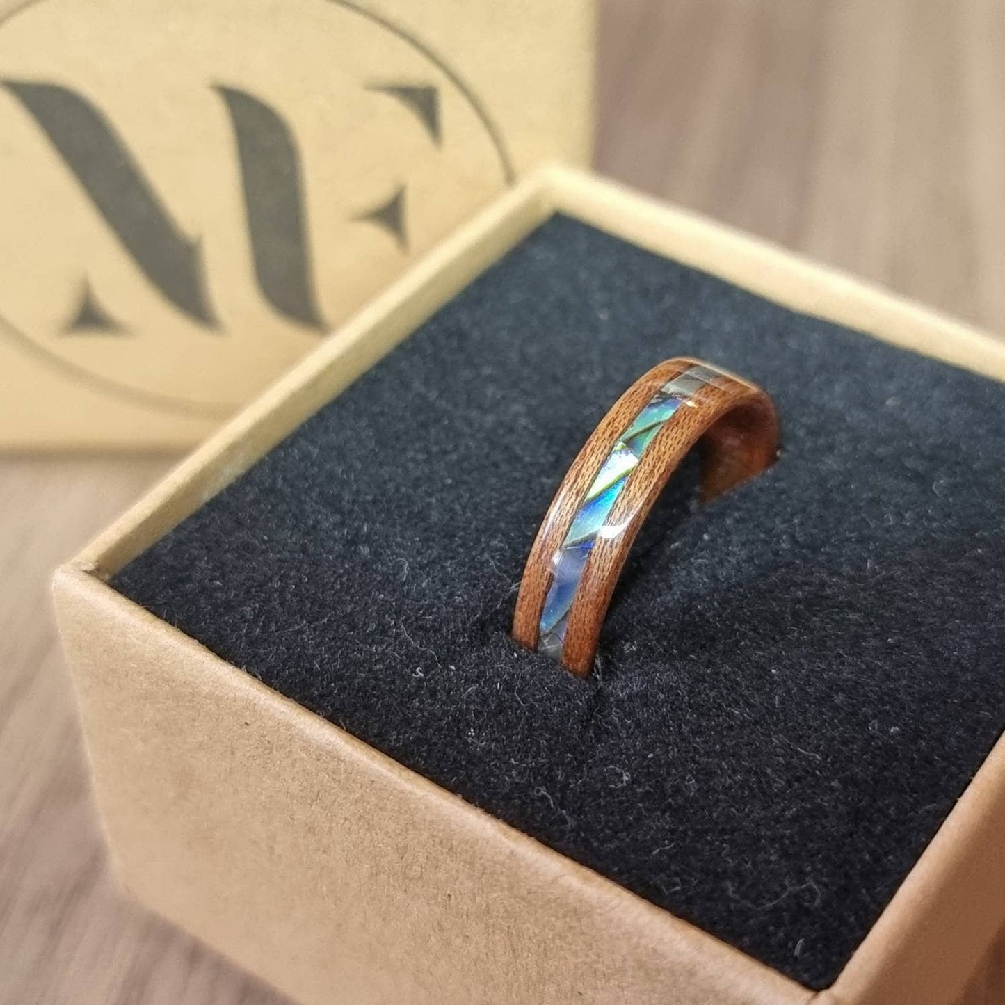 Sapele and abalone paua shell hand made bent wood ring