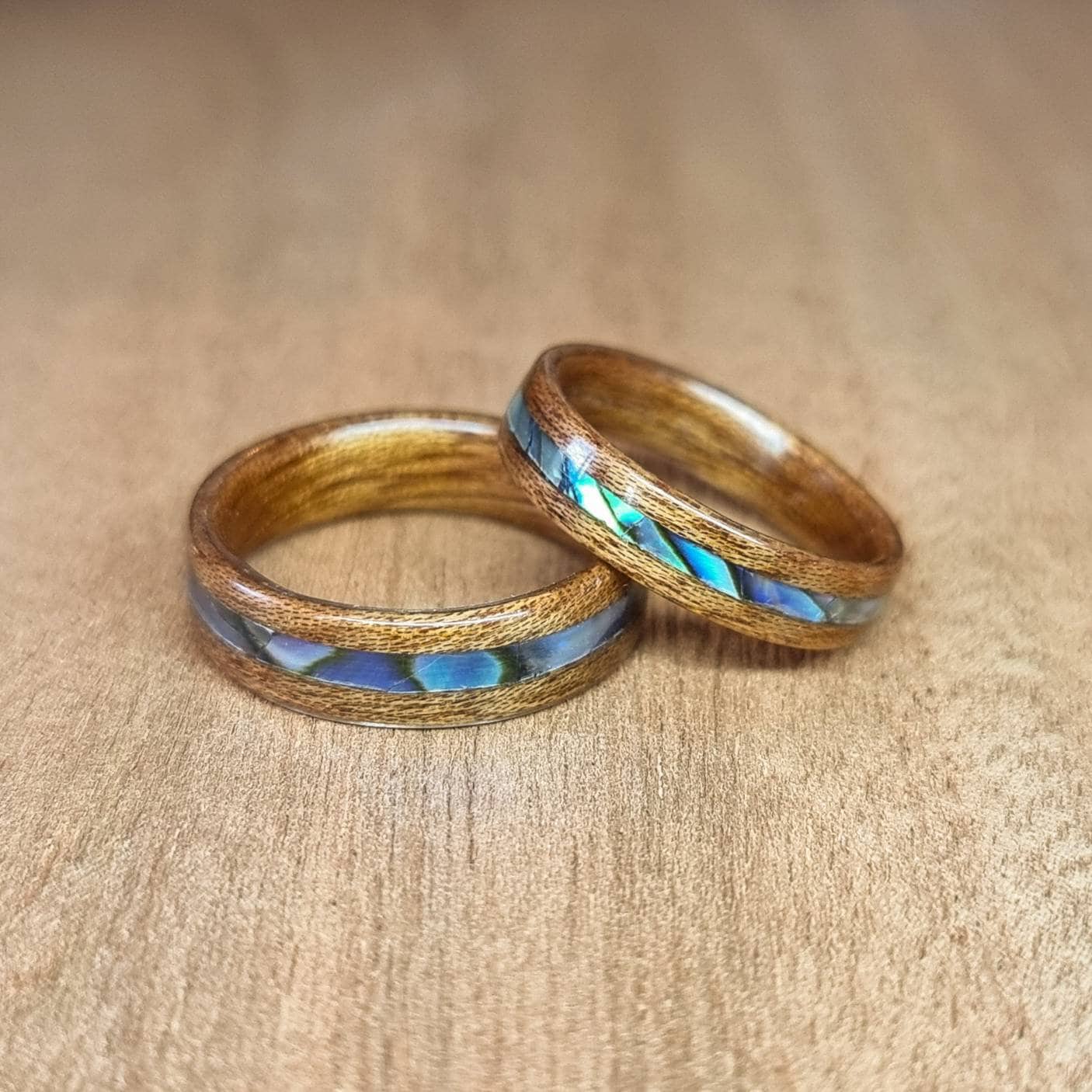 Sapele and abalone paua shell hand made bent wood ring