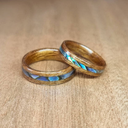 Sapele and abalone paua shell hand made bent wood ring