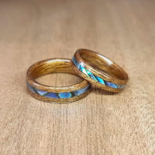 Sapele and abalone paua shell hand made bent wood ring