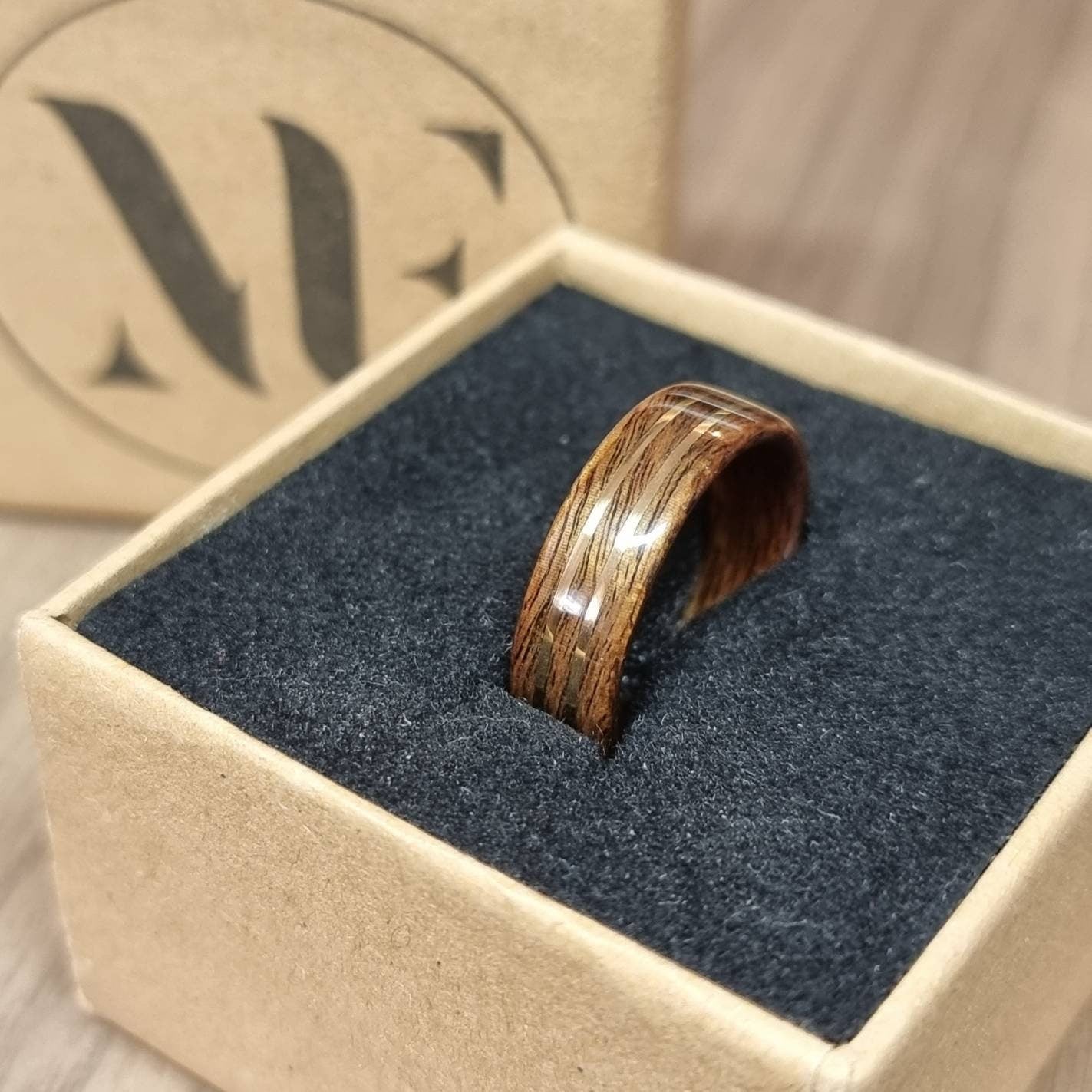 Rosewood and double brass ring - Hand made bent wood ring - Wooden wedding band - Engagement ring - Natural jewellery