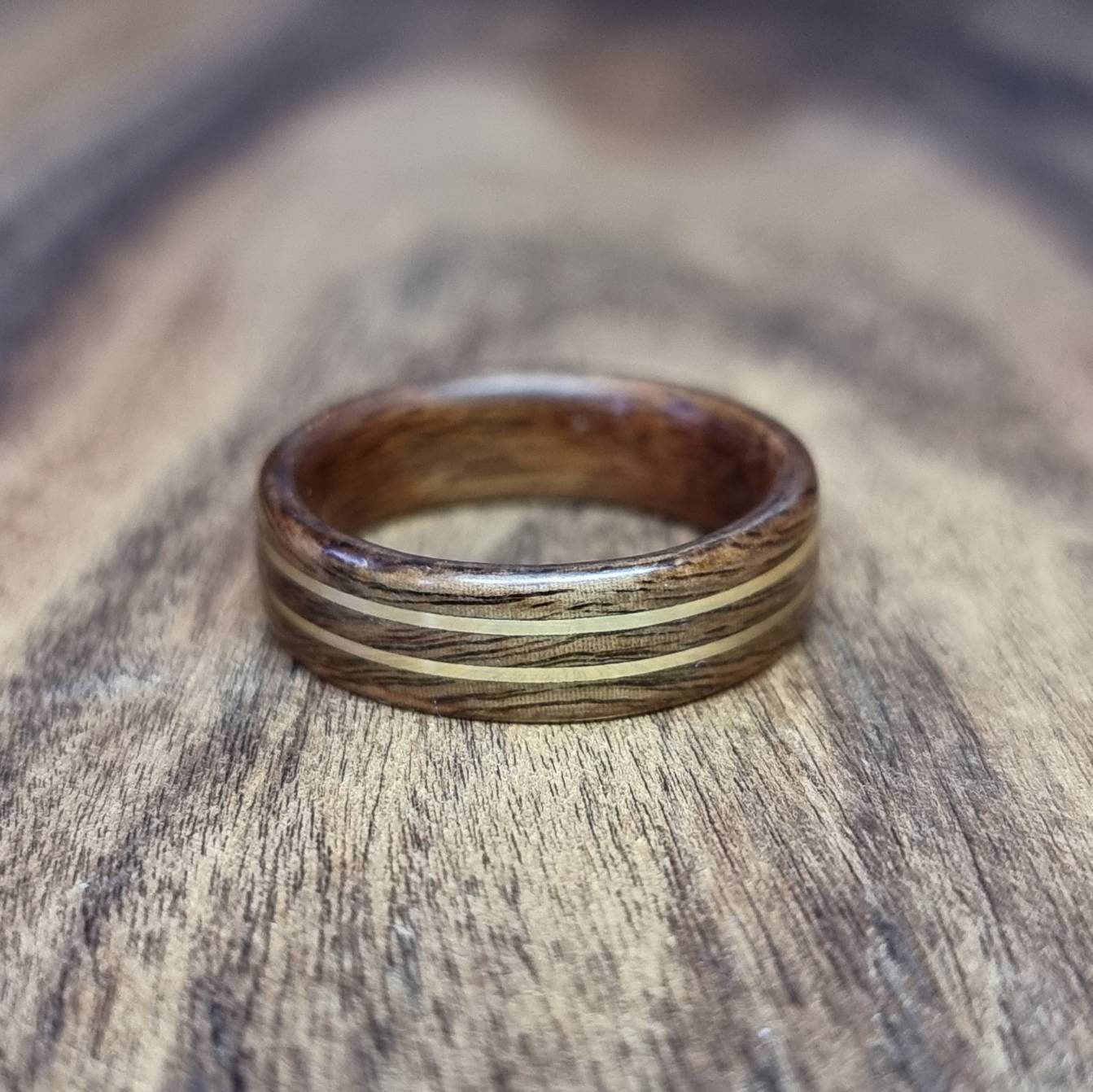 Rosewood and double brass ring - Hand made bent wood ring - Wooden wedding band - Engagement ring - Natural jewellery