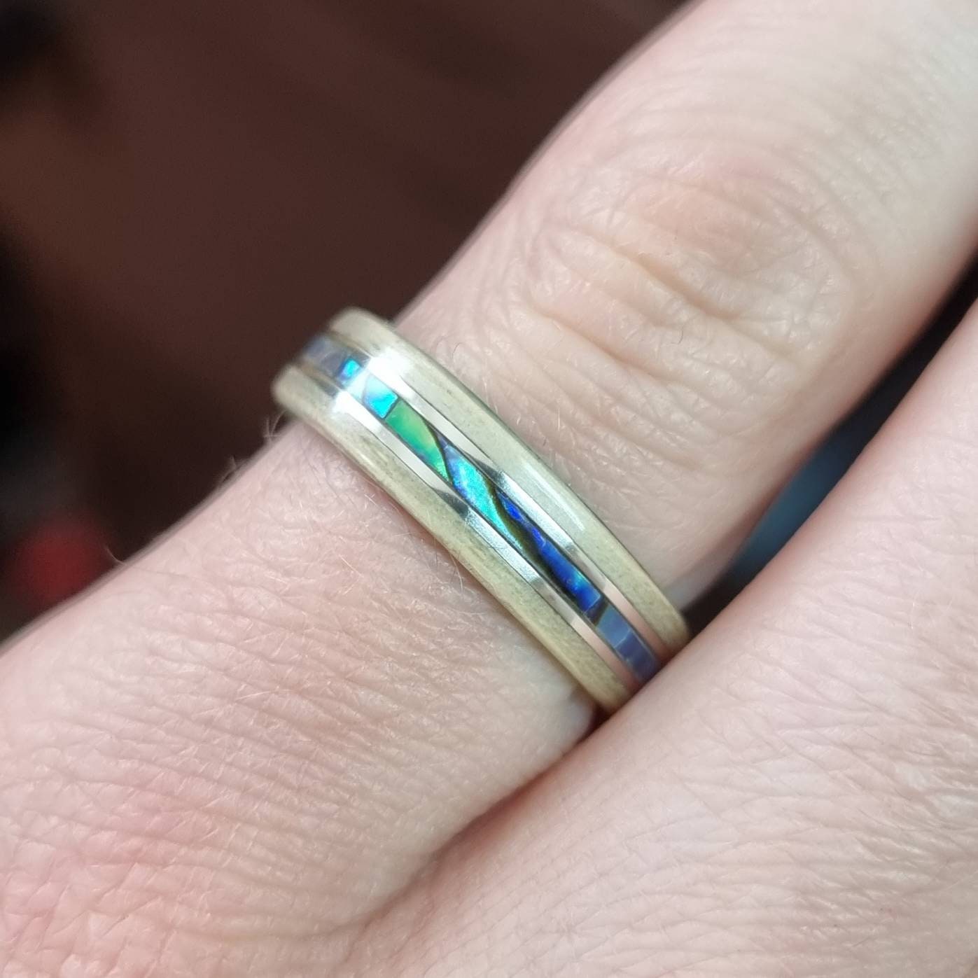 Ash & green tulipwood with abalone paua shell and double silver inlays ring - Hand made bent wood ring - Wooden wedding band - Engagement