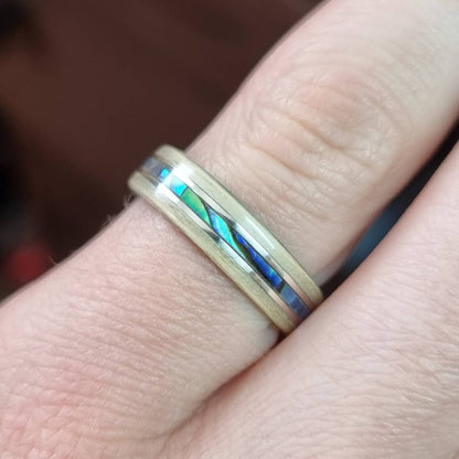 Ash & green tulipwood with abalone paua shell and double silver inlays ring - Hand made bent wood ring - Wooden wedding band - Engagement