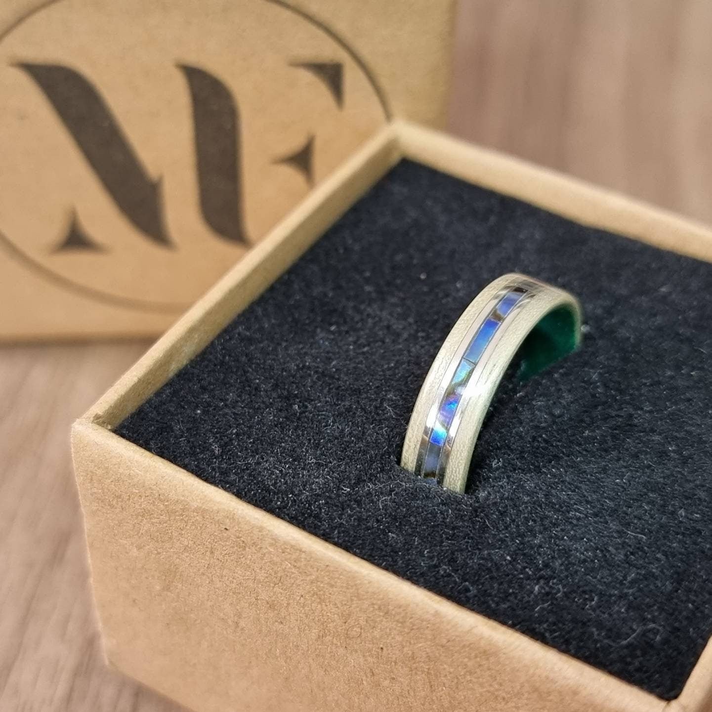 Ash & green tulipwood with abalone paua shell and double silver inlays ring - Hand made bent wood ring - Wooden wedding band - Engagement