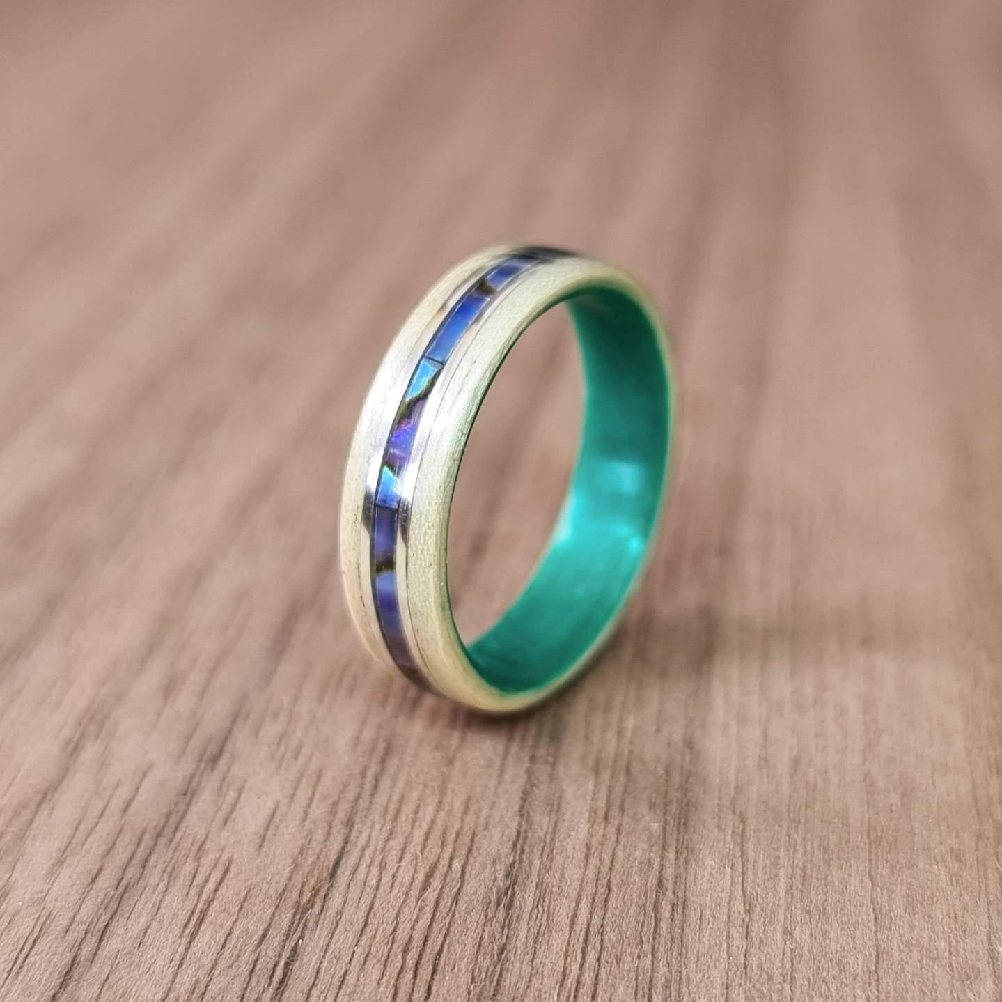 Ash & green tulipwood with abalone paua shell and double silver inlays ring - Hand made bent wood ring - Wooden wedding band - Engagement