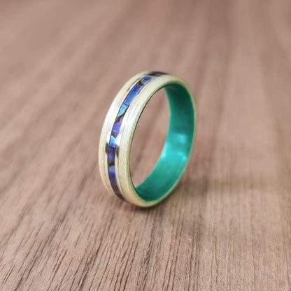 Ash & green tulipwood with abalone paua shell and double silver inlays ring - Hand made bent wood ring - Wooden wedding band - Engagement