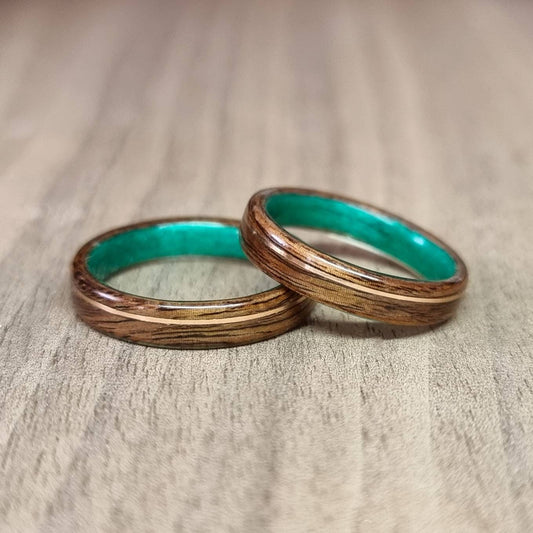 Rosewood & green tulipwood with copper inlay ring - Bespoke hand made bent wood ring - Custom wooden wedding band - Alternative engagement