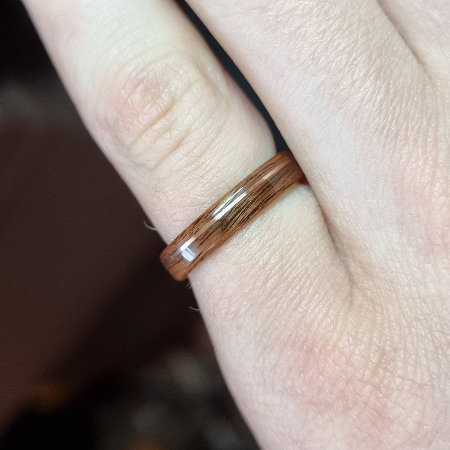 Rosewood & green tulipwood with copper inlay ring - Bespoke hand made bent wood ring - Custom wooden wedding band - Alternative engagement