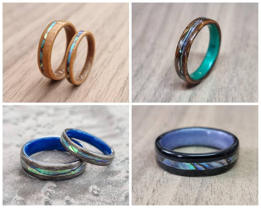 Custom wood & abalone shell hand made bent wood ring