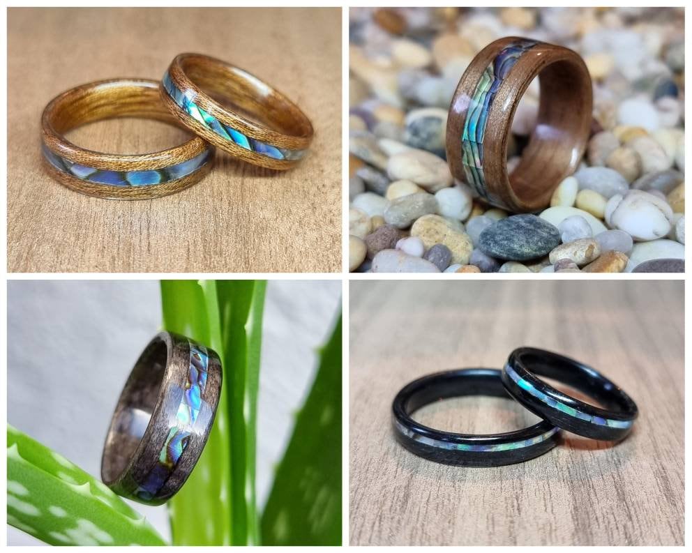 Custom wood & abalone shell hand made bent wood ring
