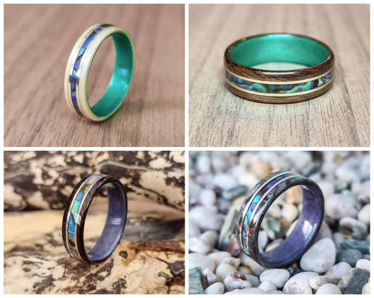 Custom duel wood with abalone shell and metal inlays hand made bent wood ring