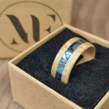 Birdseye maple with abalone paua shell inlay hand made bent wood ring
