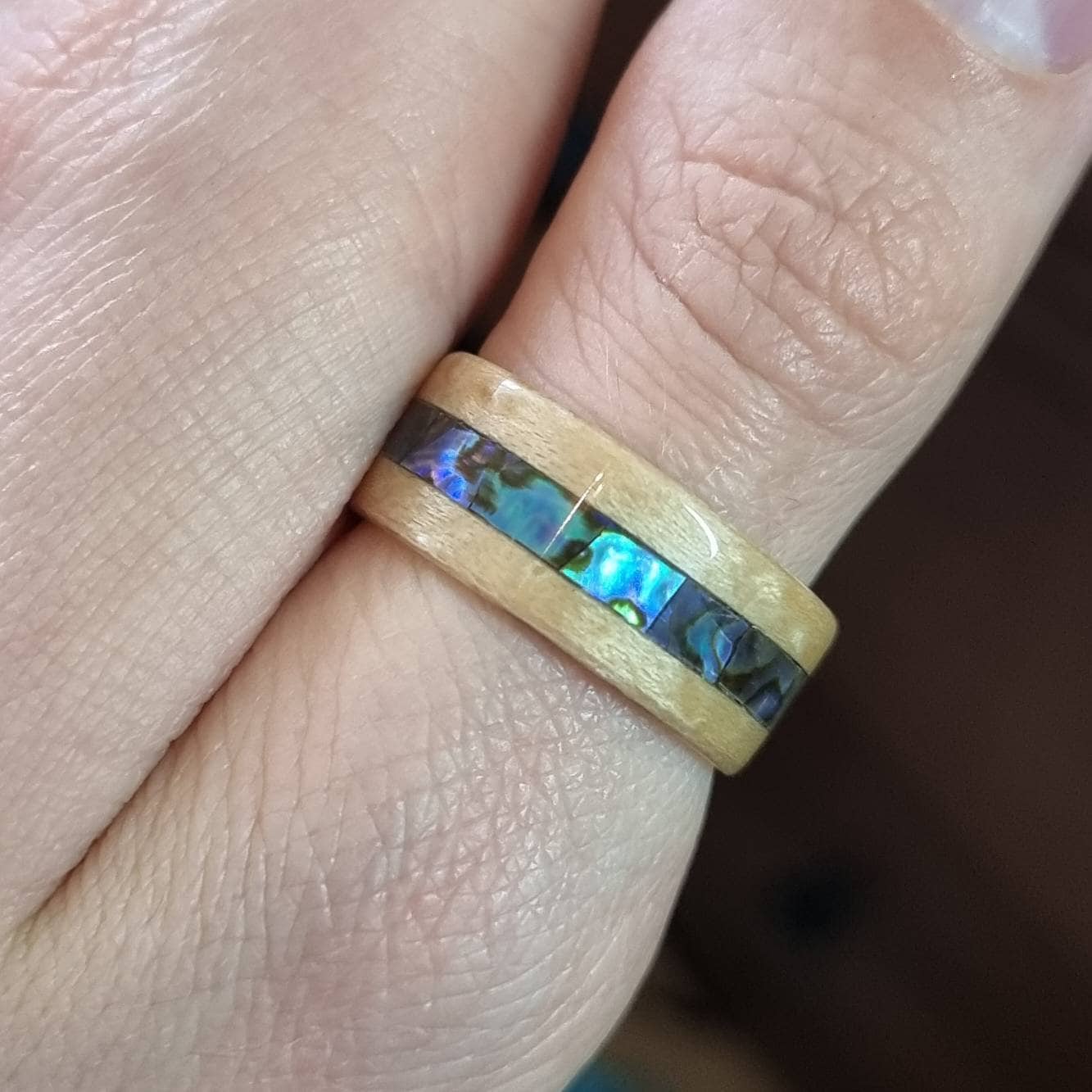Birdseye maple with abalone paua shell inlay hand made bent wood ring